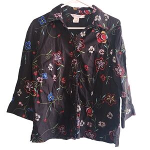fresh produce Black Embroidered Floral Button-Down Shirt